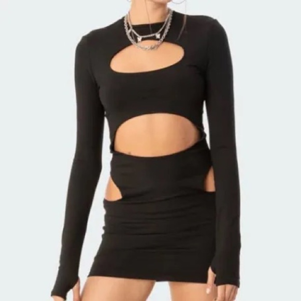 Edikted Black Long Sleeve Cut-Out Dress